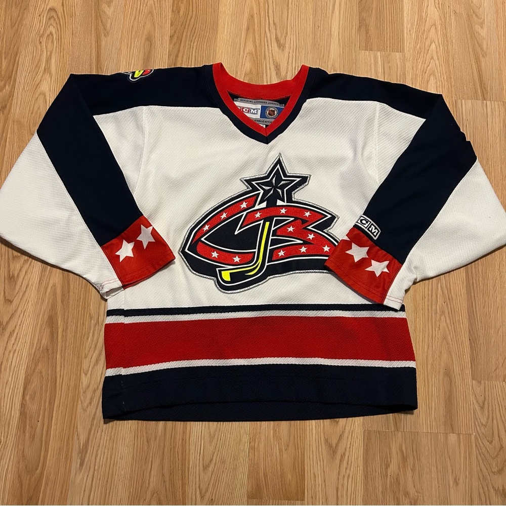 Vintage CCM Columbus Blue Jackets Jersey Mens Small White Stitched Air Knit NHL